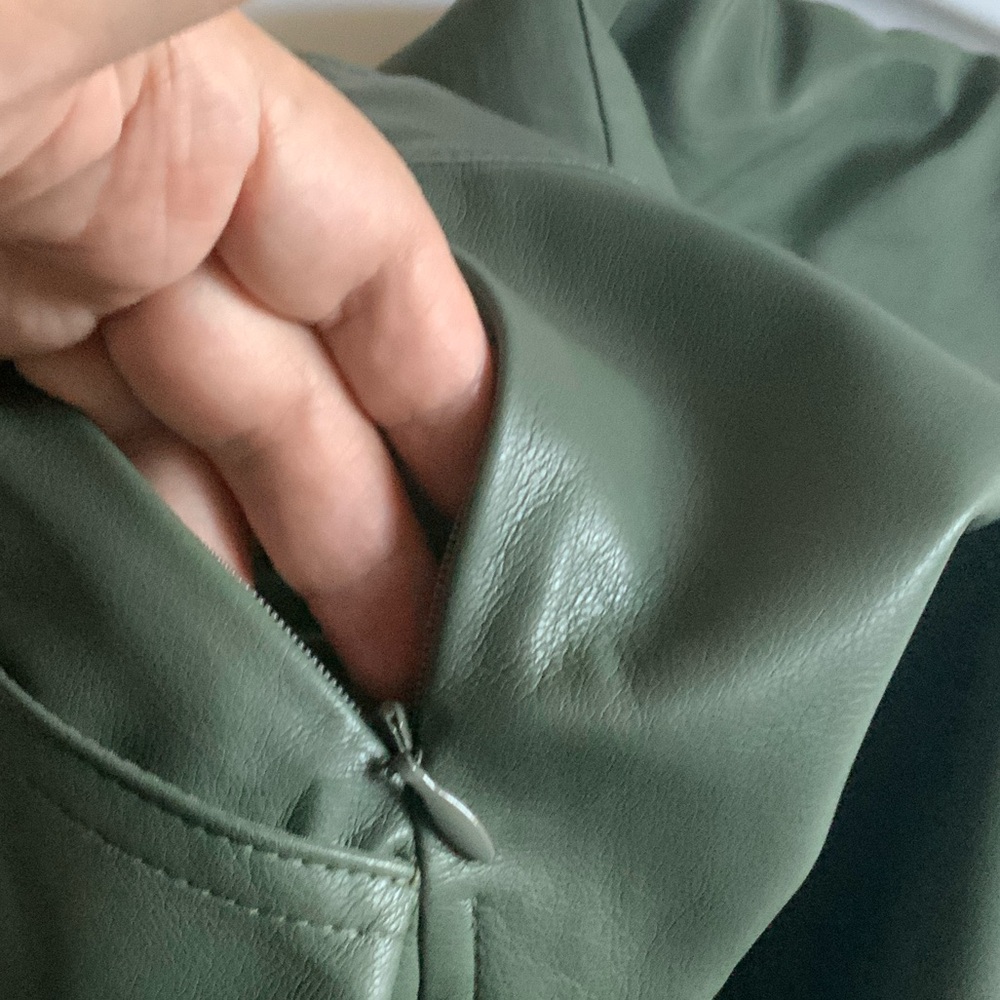 CAbi Olive Faux Leather Skirt WITH POCKETS